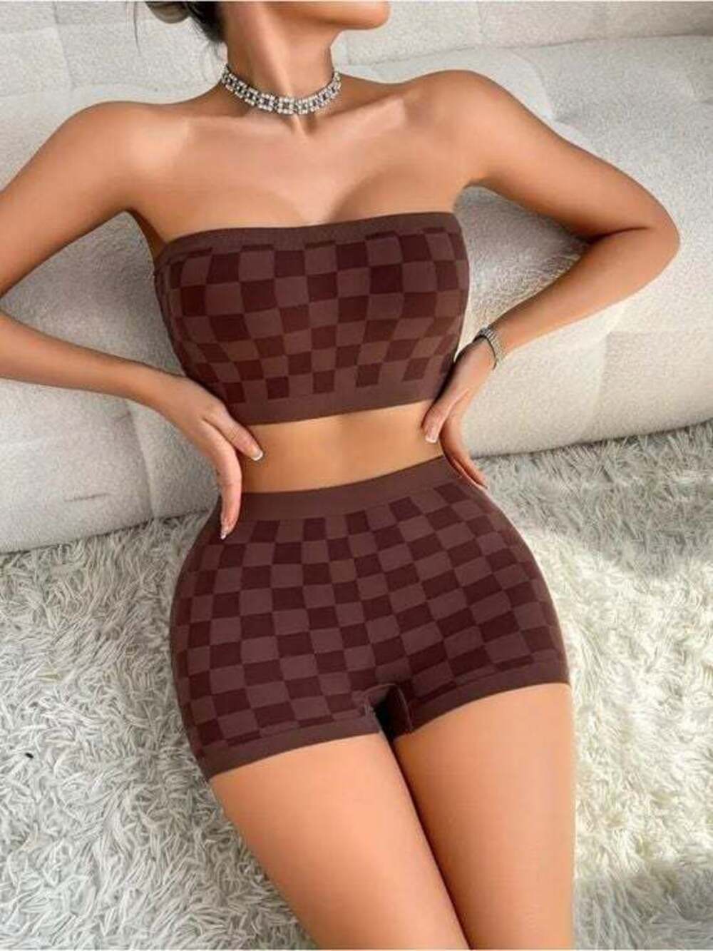 Seamless Checkerboard Strapless Crop Top in Brown